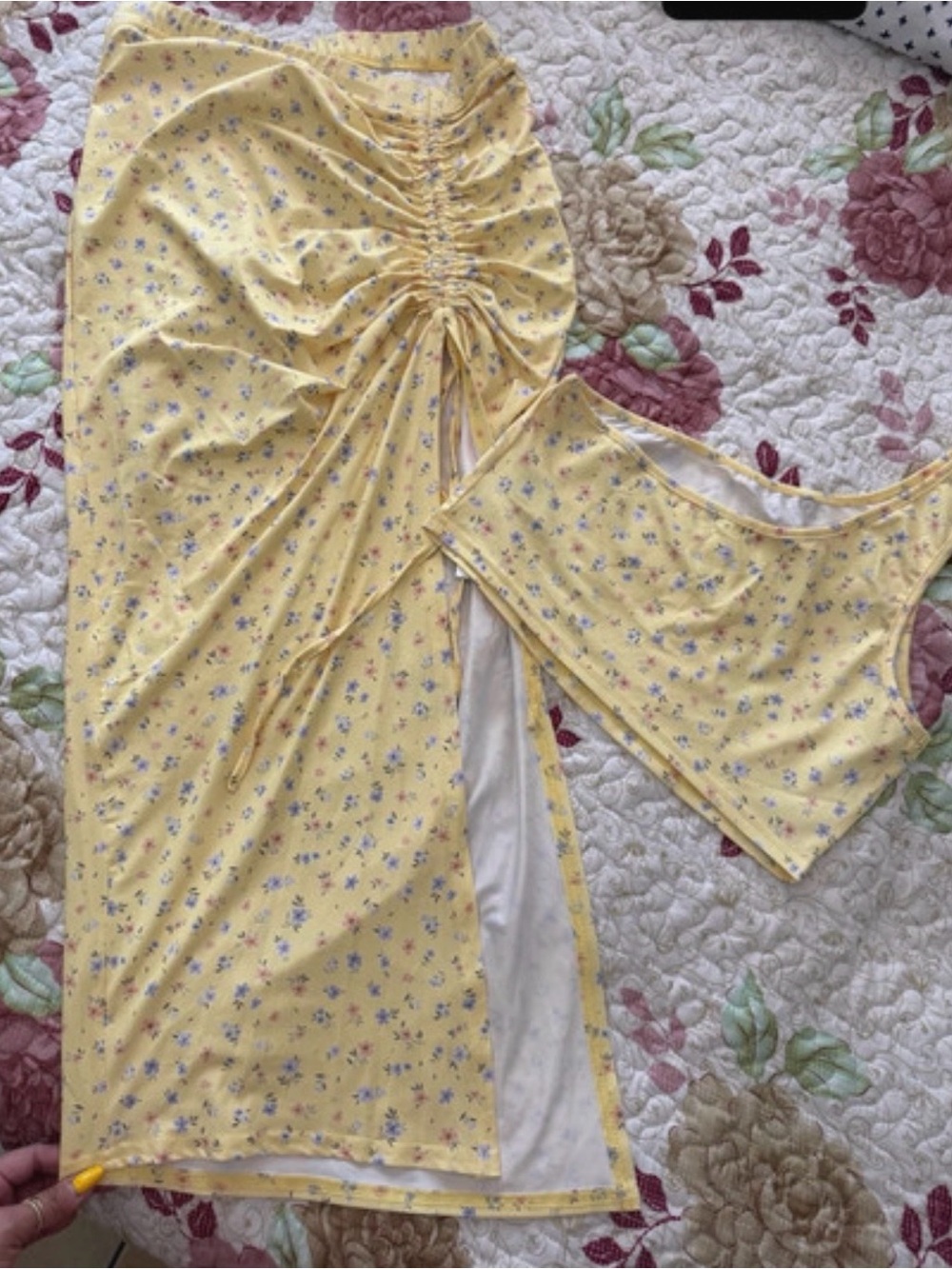 SHEIN Yellow Floral Ruched Two-Piece Skirt Set